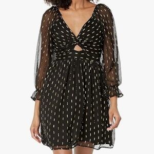 Angie Women's Twist Front Keyhole Long Sleeve Swiss dot black Dress size small